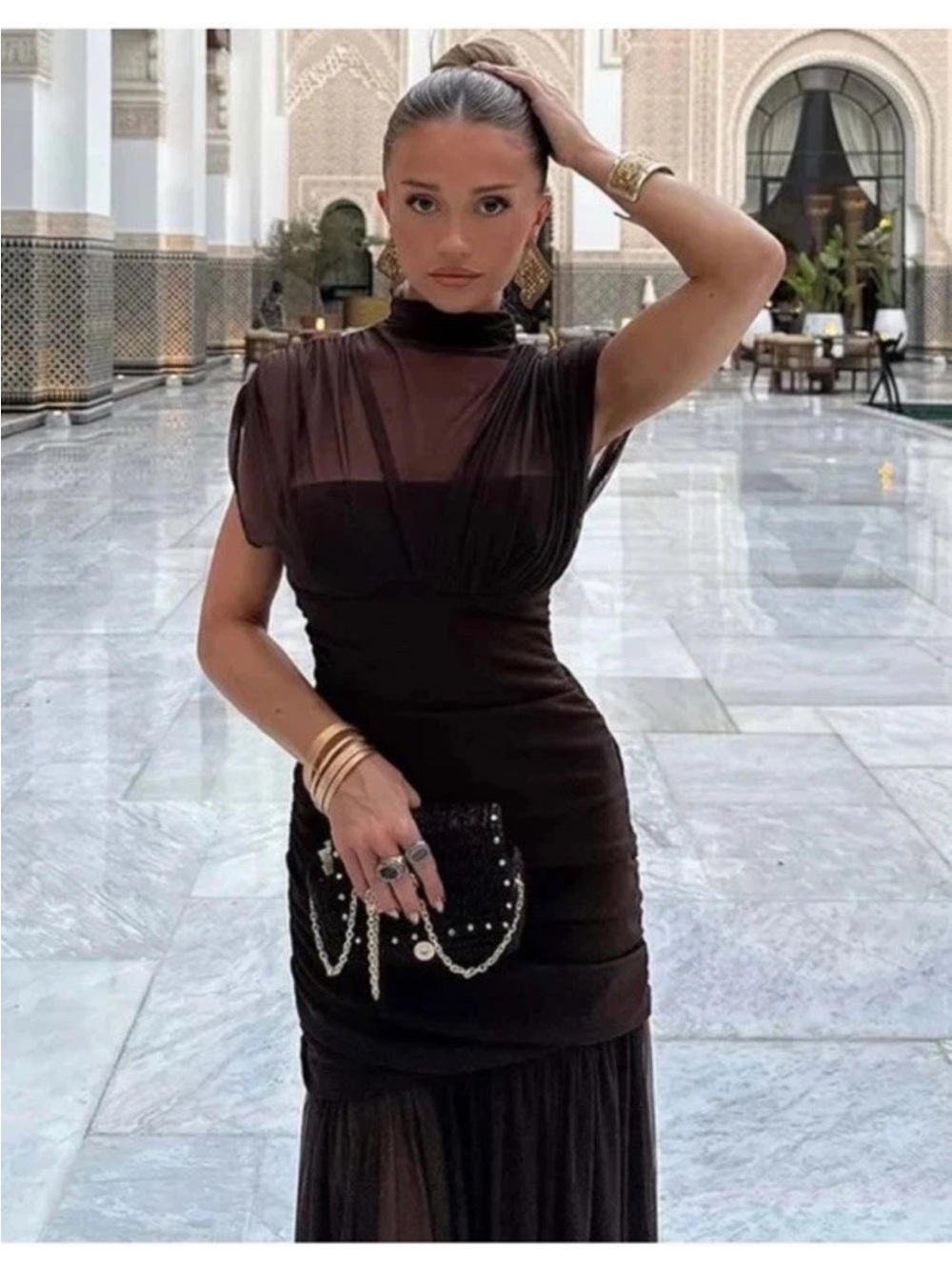 Zara Black Sheer-Panel Maxi Dress